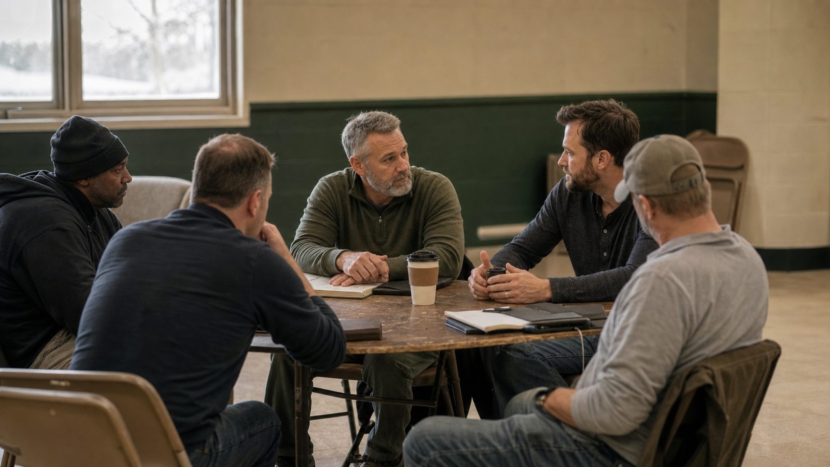 Men discussing practical fatherhood questions in a workshop
