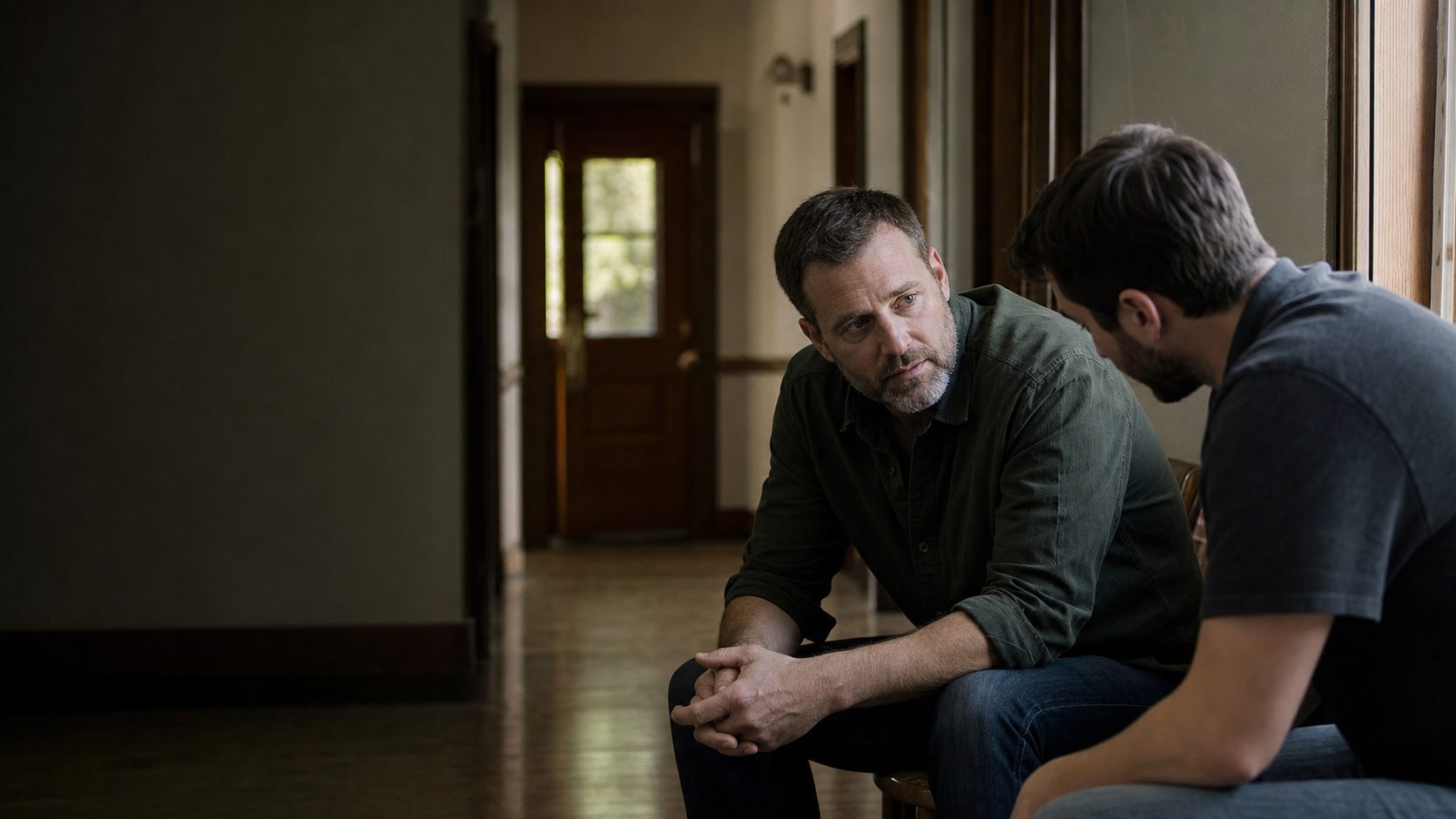 A pastor and father in a focused church hallway conversation