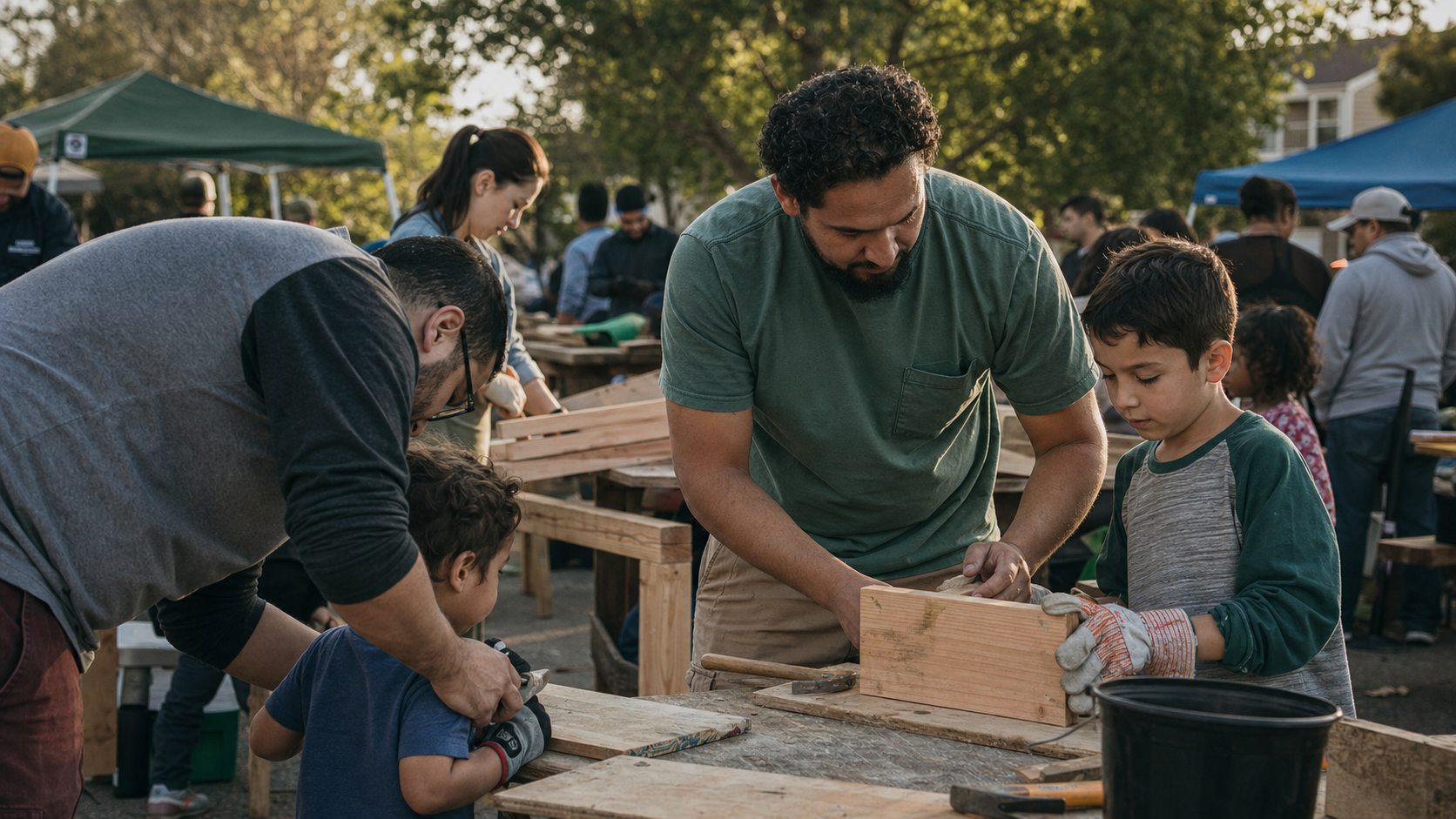 Fathers and children working at a community event